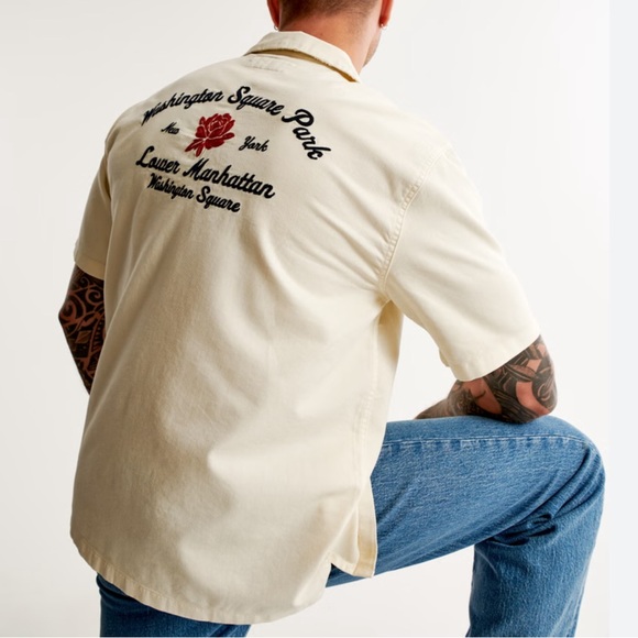 Abercrombie & Fitch Men's Cream Size M Camp Collar Workwear Embroidered Shirt - Picture 3 of 16